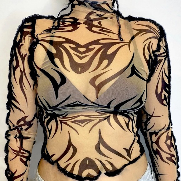 Tan mesh tribal striped long sleeve top - Picture 2 of 14